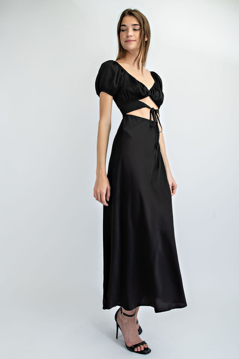 MD1269 BIAS CUT LONG SATIN DRESS WITH RUCHED BODICE DETAIL WAIST CUT OUT AND PUFF SLEEVES