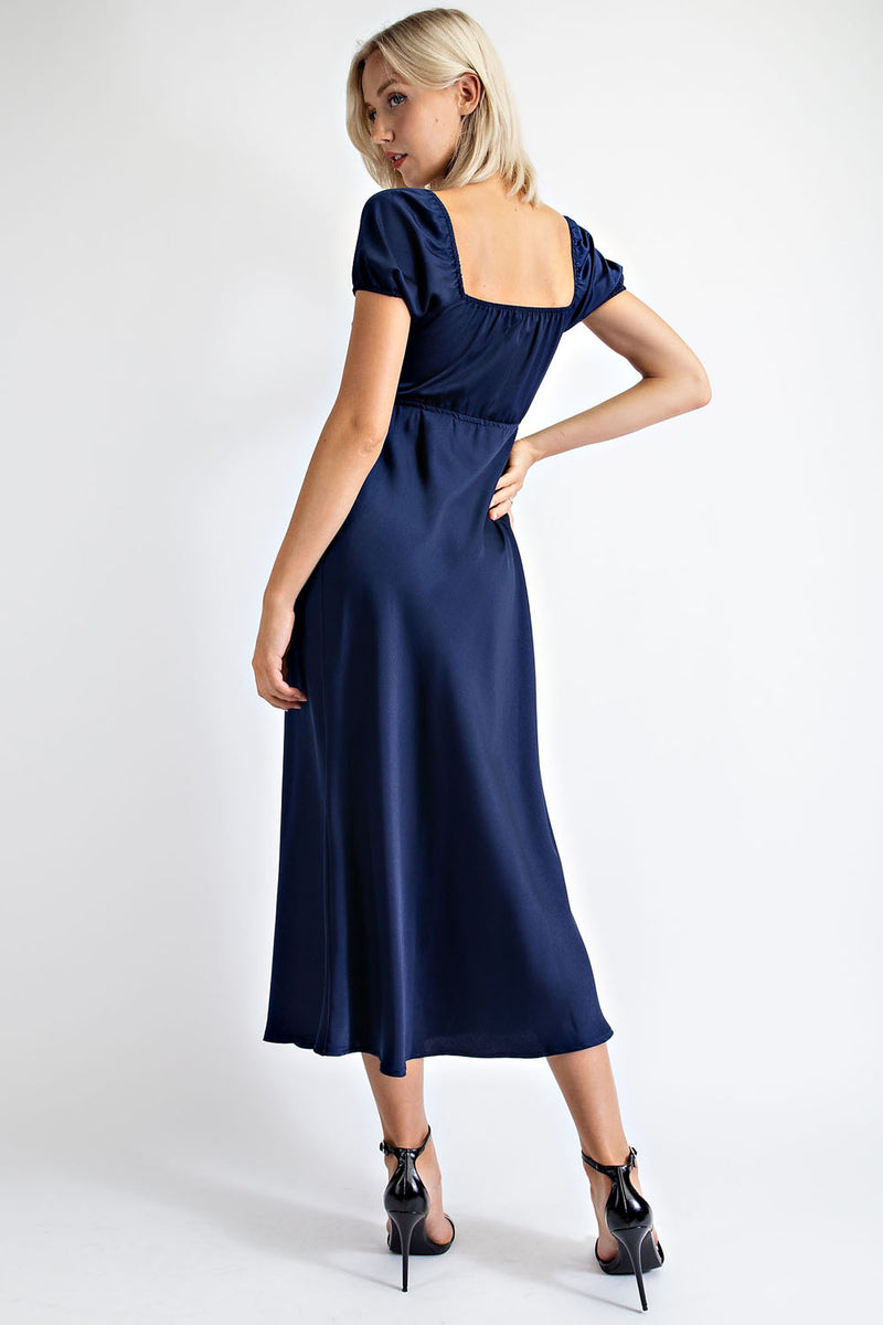 MD1269 BIAS CUT LONG SATIN DRESS WITH RUCHED BODICE DETAIL WAIST CUT OUT AND PUFF SLEEVES