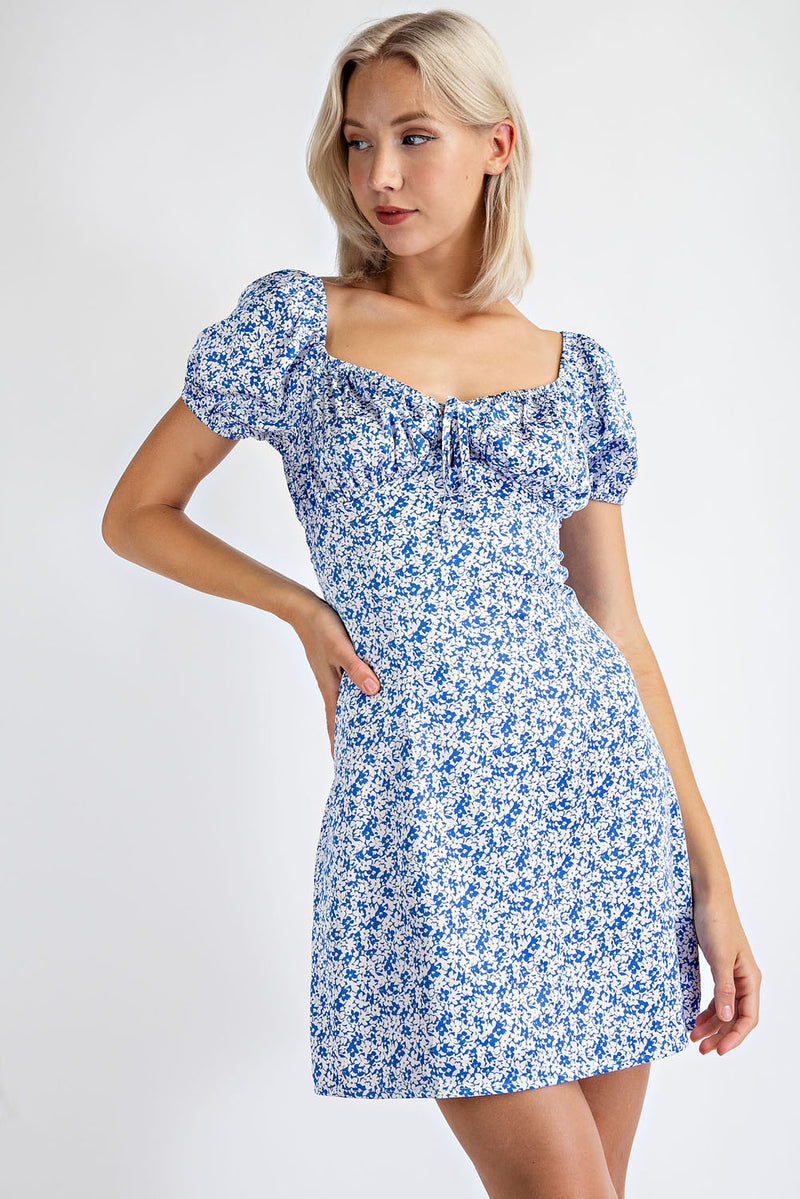MD1482 DITSY FLORAL PEASANT PUFF SLEEVE MINI DRESS WITH RUCHED BUST