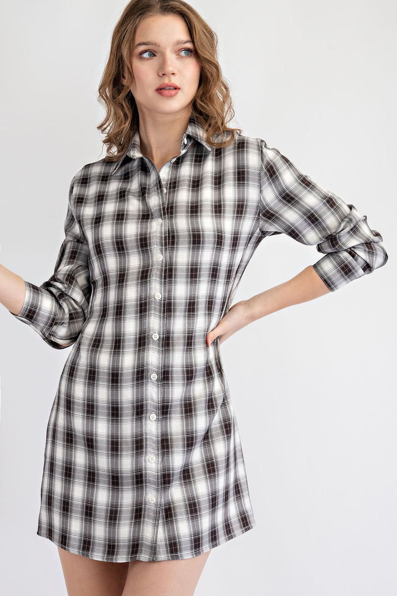 MD1700 BUTTON DOWN PLAID SHIRT DRESS WITH OPEN BACK