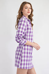 MD1700 BUTTON DOWN PLAID SHIRT DRESS WITH OPEN BACK