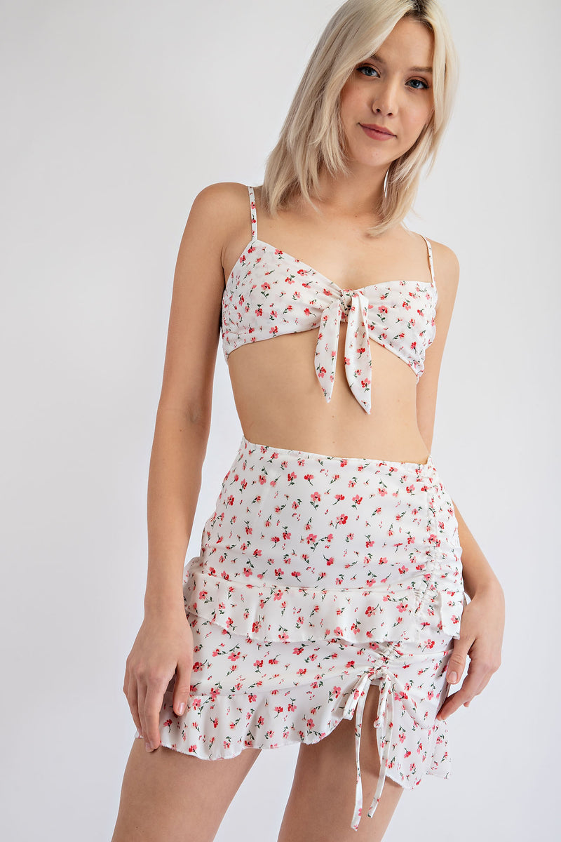 MS1876 FLORAL TIE FRONT BRALETTE WITH RUFFLE DRAWSTRING MINI SKIRT SET