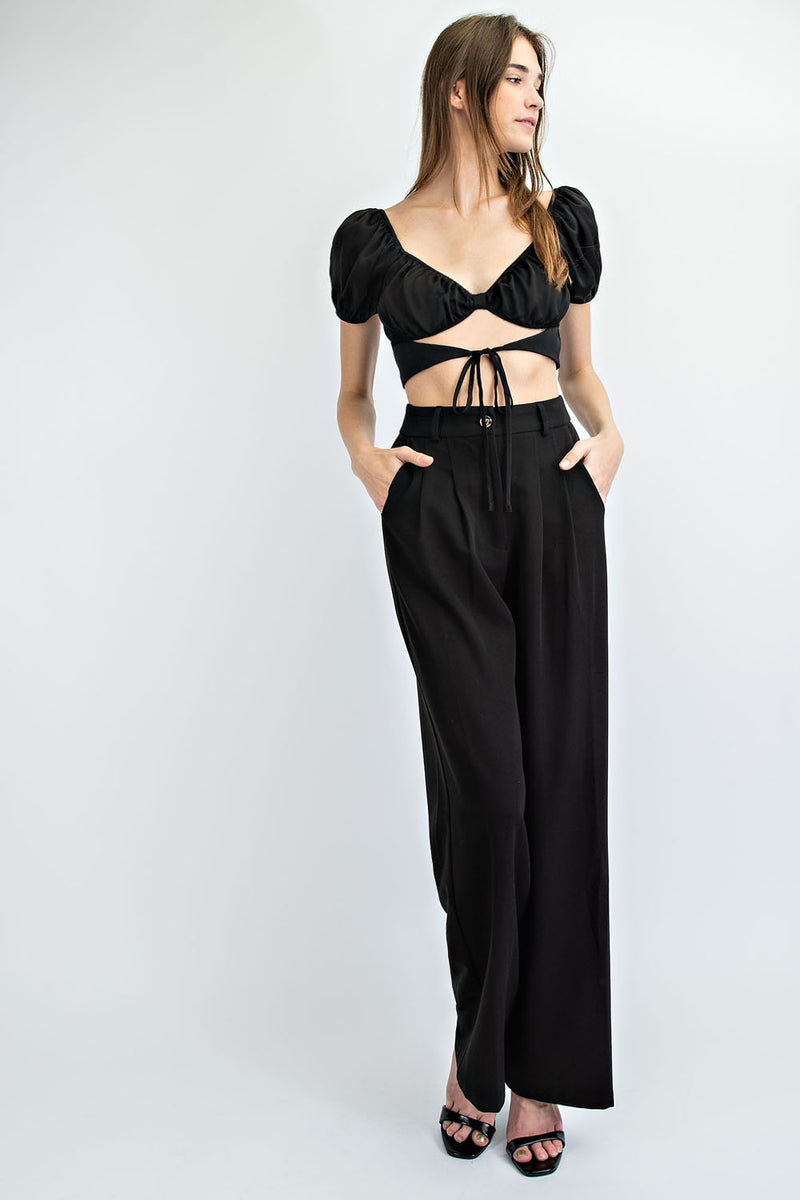 MT1268 SATIN RUCHED BODICE CROP TOP WITH WAIST CUT OUT AND PUFF SLEEVES.  COLORS: CHAMPAGNE, BLK