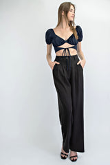 MT1268 SATIN RUCHED BODICE CROP TOP WITH WAIST CUT OUT AND PUFF SLEEVES.  COLORS: CHAMPAGNE, BLK