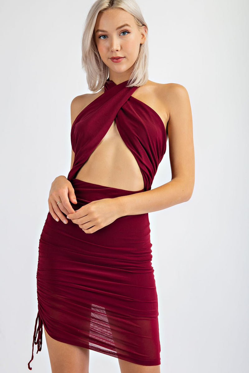 TD1445 MESH KNIT CROSS OVER HALTER MINI DRESS WITH SIDE RUCHED SKIRT