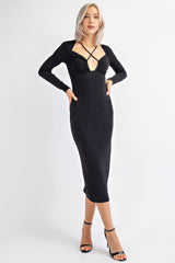 TD1489 FITTED RIB KNIT OPEN BACK LONG DRESS WITH RUCHED BUST & LONG SLEEVES