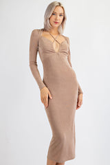 TD1489 FITTED RIB KNIT OPEN BACK LONG DRESS WITH RUCHED BUST & LONG SLEEVES