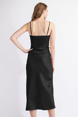 TD1584 SATIN JACQUARD SLIP DRESS W/ CUT OUT AND RUCHED BODICE