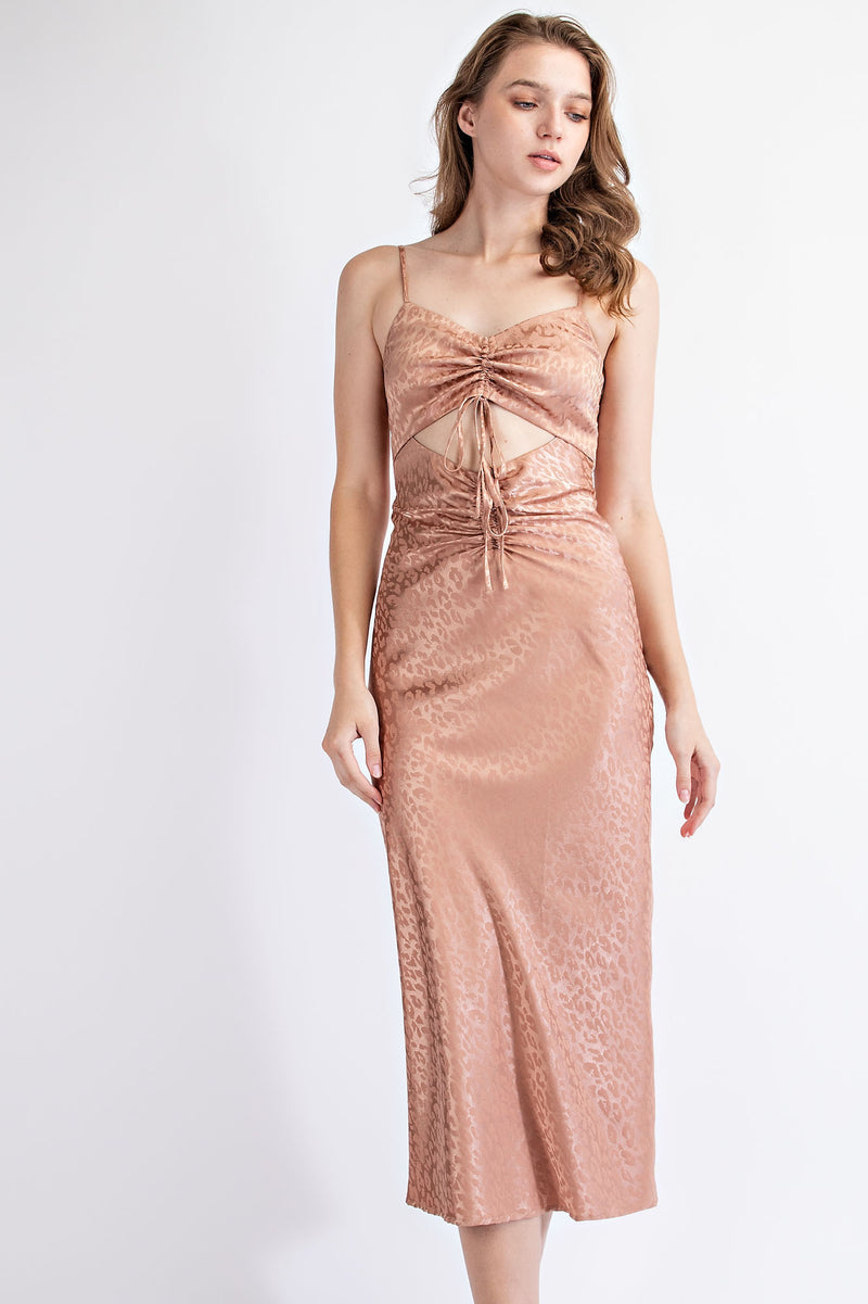 TD1584 SATIN JACQUARD SLIP DRESS W/ CUT OUT AND RUCHED BODICE