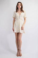 TD1835 FLORAL MINI DRESS WITH METAL EYELET BODICE