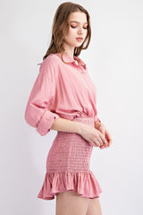 TD1858 BUTTON DOWN LONG SLEEVE DRESS WITH SMOCKED SKIRT