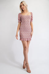 TD1921 FLORAL SMOCKED MINI DRESS WITH PUFF SLEEVES