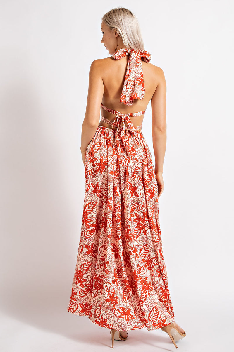 TD1952 FLORAL HALTER CUT OUT MAXI DRESS WITH KEYHOLE