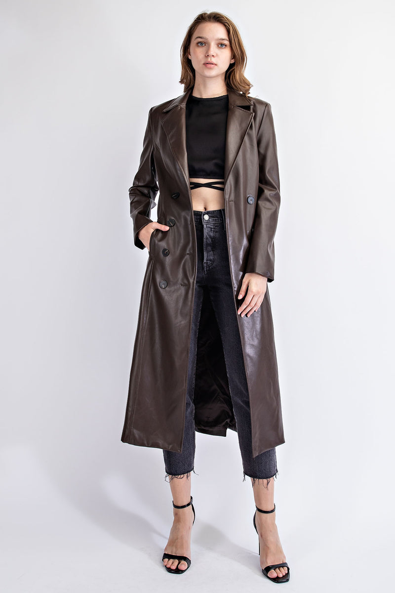 TJ1642 FAUX LEATHER DOUBLE BREASTED TRENCH COAT