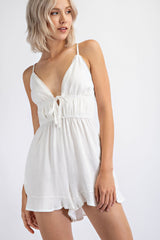 TP1303 LINEN CAMI ROMPER WITH CROCHET NECK LACE AND POCKETS