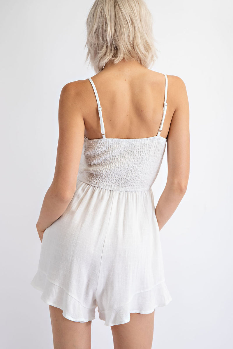 TP1303 LINEN CAMI ROMPER WITH CROCHET NECK LACE AND POCKETS