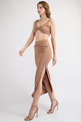 TS1809 TWIST FRONT BRALETTE WITH MATCHING MIDI SKIRT WITH SIDE SLIT