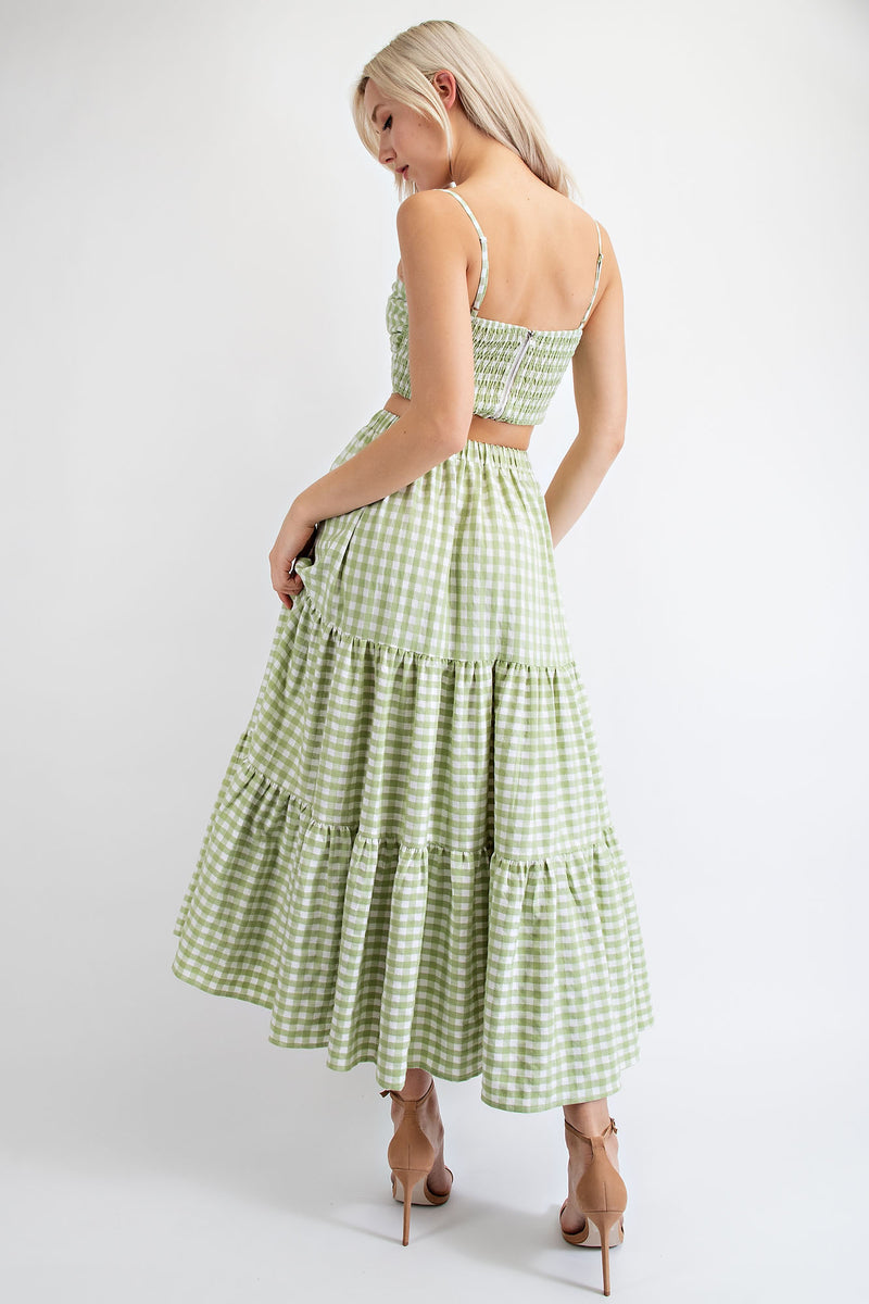 TS1913 TWIST FRONT GINGHAM BRALETTE WITH TIERED MIDI SKIRT SET