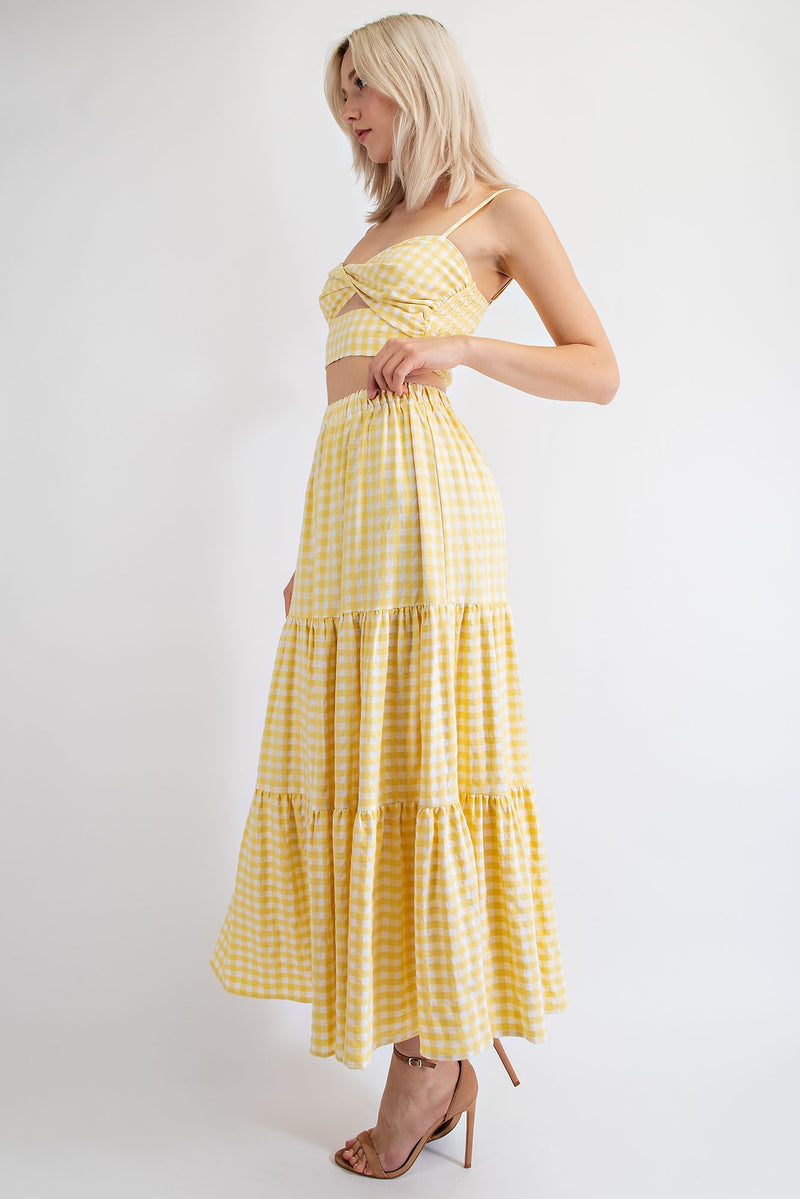 TS1913 TWIST FRONT GINGHAM BRALETTE WITH TIERED MIDI SKIRT SET