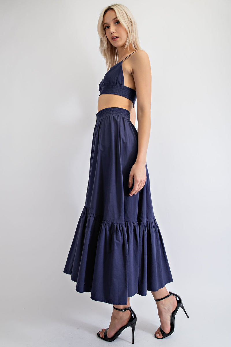 TS1917 POPLIN BRALETTE AND MIDI SKIRT SET WITH METAL SNAP BUTTON
