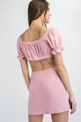 TT1296 LINEN RUCHED TIE FRONT PUFF SLEEVE BRALETTE. CAN BE WORN AS A SET WITH TS1297
