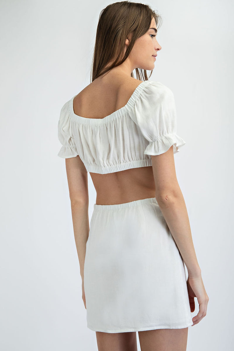 TT1296 LINEN RUCHED TIE FRONT PUFF SLEEVE BRALETTE. CAN BE WORN AS A SET WITH TS1297