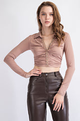 TT1561 KNIT CROPPED LONG SLEEVE COLLARED  SNAP DOWN PLACKET RUCHING