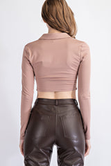 TT1561 KNIT CROPPED LONG SLEEVE COLLARED  SNAP DOWN PLACKET RUCHING