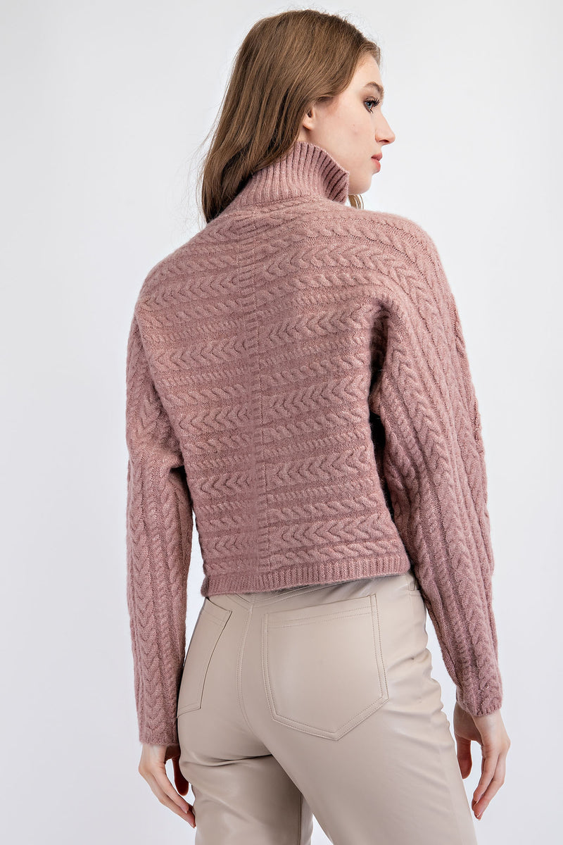 TT1673 TURTLE NECK OVERLAP FRONT CROP CABLE KNIT SWEATER