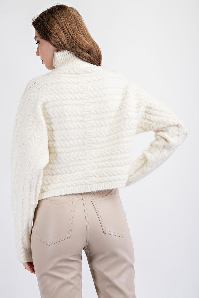 TT1673 TURTLE NECK OVERLAP FRONT CROP CABLE KNIT SWEATER