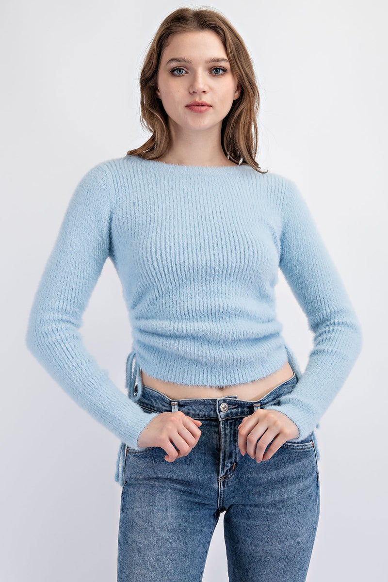 TT1687 FUZZY LONG SLEEVE SWEATER WITH SIDE RUCHING