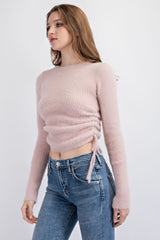 TT1687 FUZZY LONG SLEEVE SWEATER WITH SIDE RUCHING