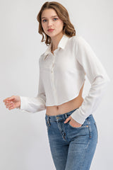 TT1759 BUTTON DOWN CROP TOP WITH OPEN BACK AND TIE