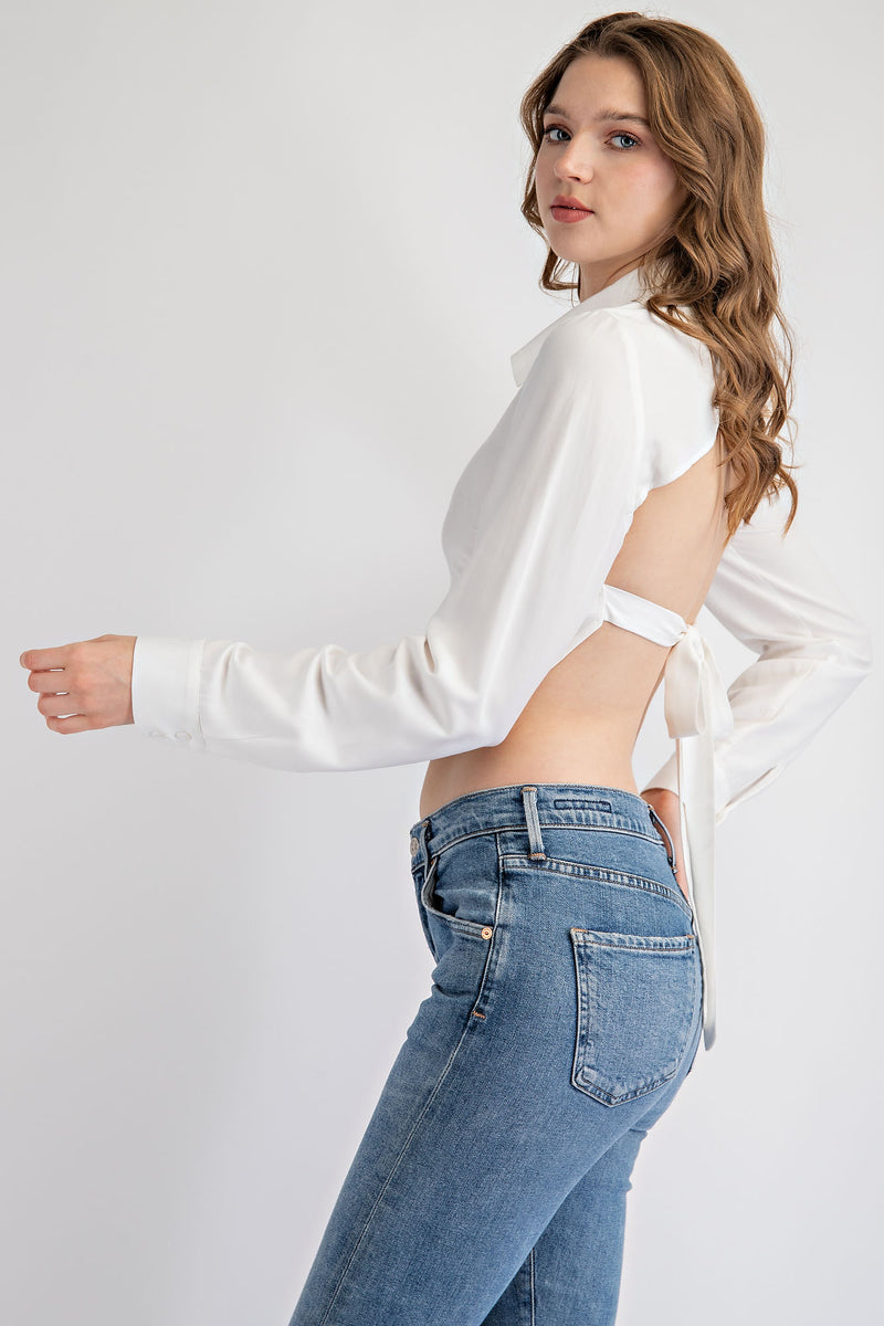 TT1759 BUTTON DOWN CROP TOP WITH OPEN BACK AND TIE