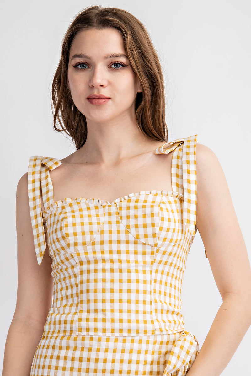 TT1769 COTTON GINGHAM TANK TOP WITH ADJUSTABLE SHOULDER BOW TIE